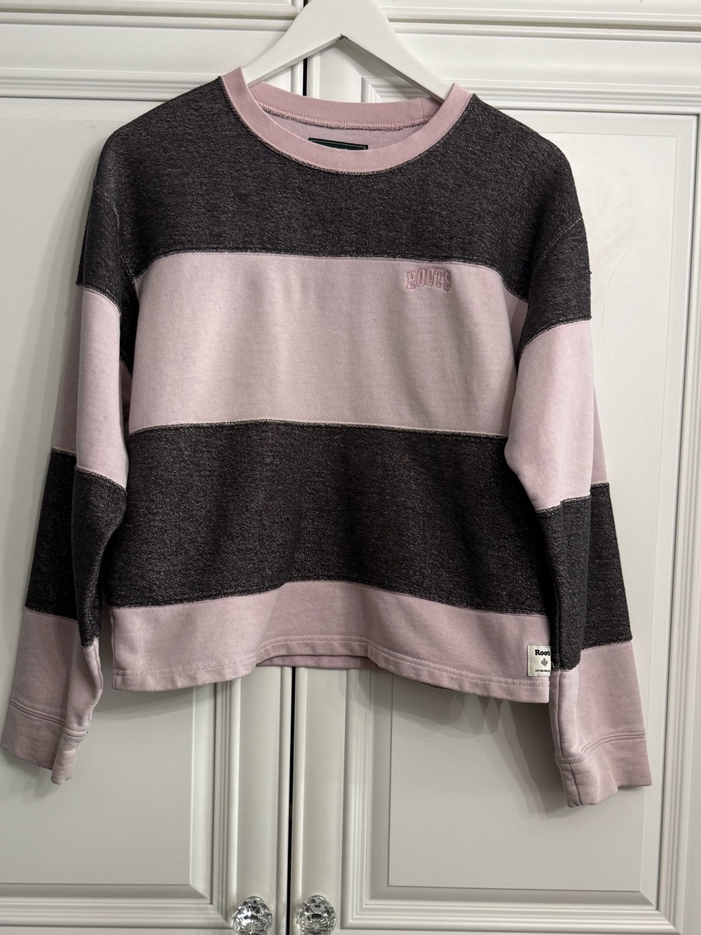 Roots Pink & Dark Gray Wide Striped Cropped Crewneck Sweatshirt Pullover Top